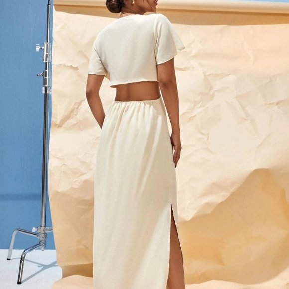 TIE FRONT CUT OUT SPLIT HEM MAXI DRESS BEIGE - Picture 2 of 6